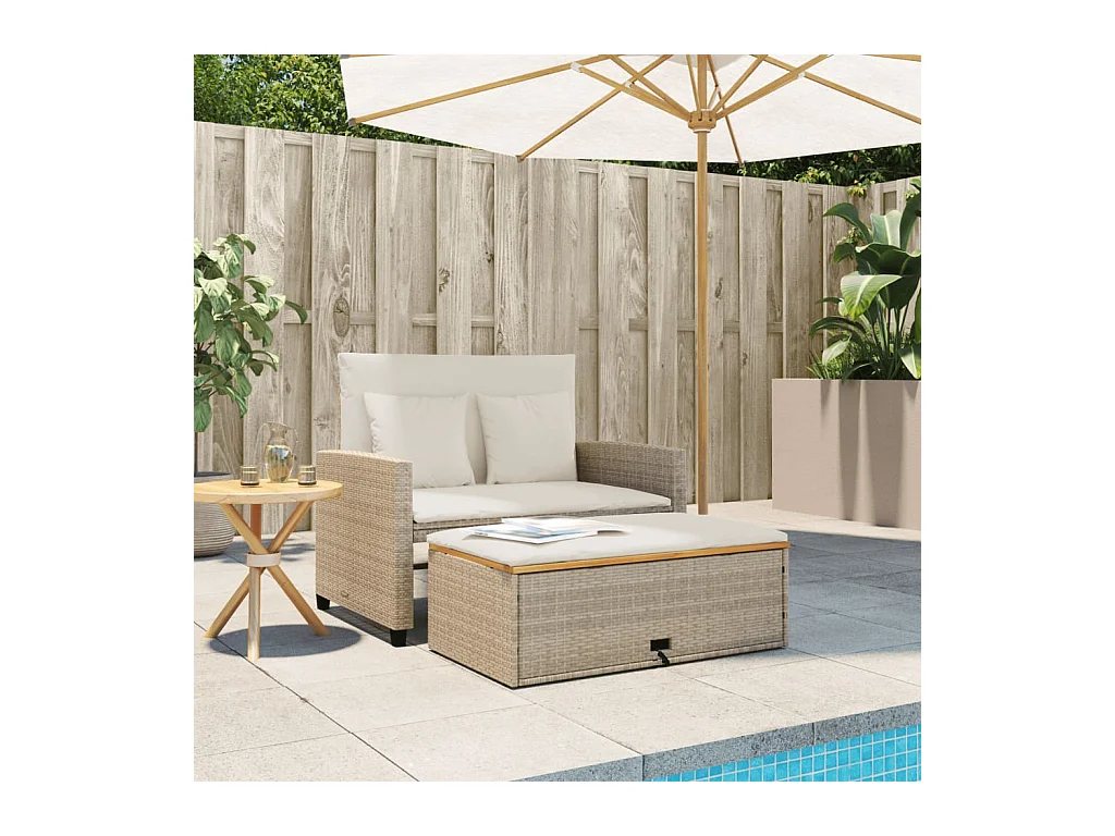 Canapé de jardin 2 places coussins beige résine tressée&acacia FR556543