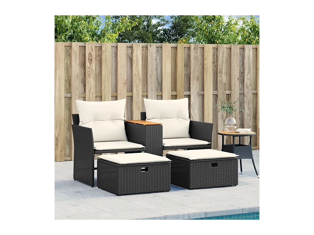 Canapé de jardin 2 places avec tabourets noir résine tressée FR233036