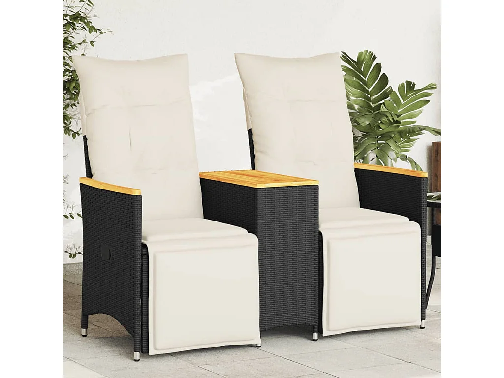 Canapé de jardin inclinable 2 places avec table noir poly rotin FR763362