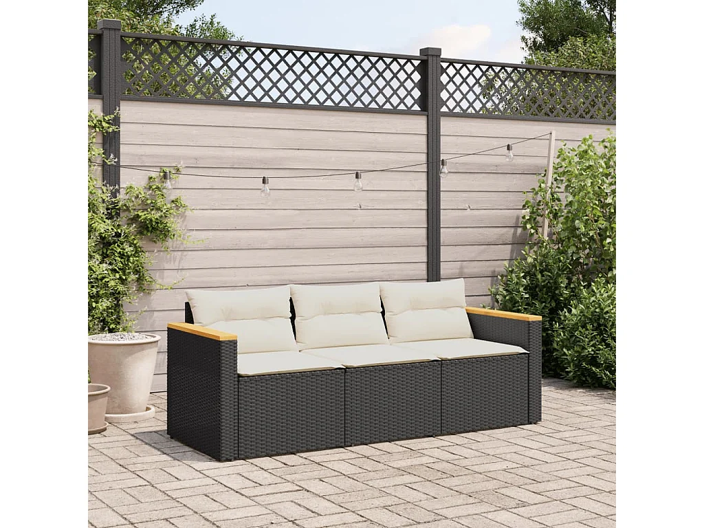 Canapé de jardin avec coussins 3 places noir résine tressée FR324177