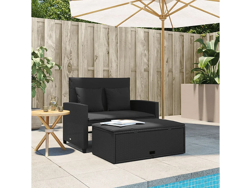 Canapé de jardin avec coussins 2 places noir résine tressée FR700391