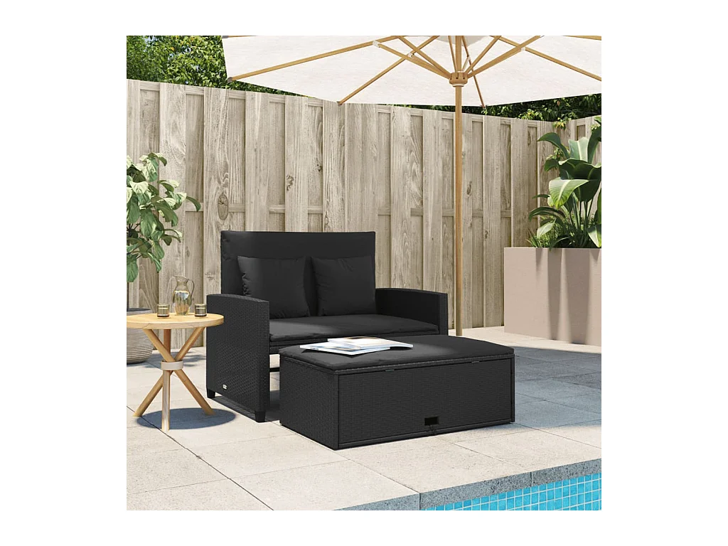 Canapé de jardin avec coussins 2 places noir résine tressée FR700391