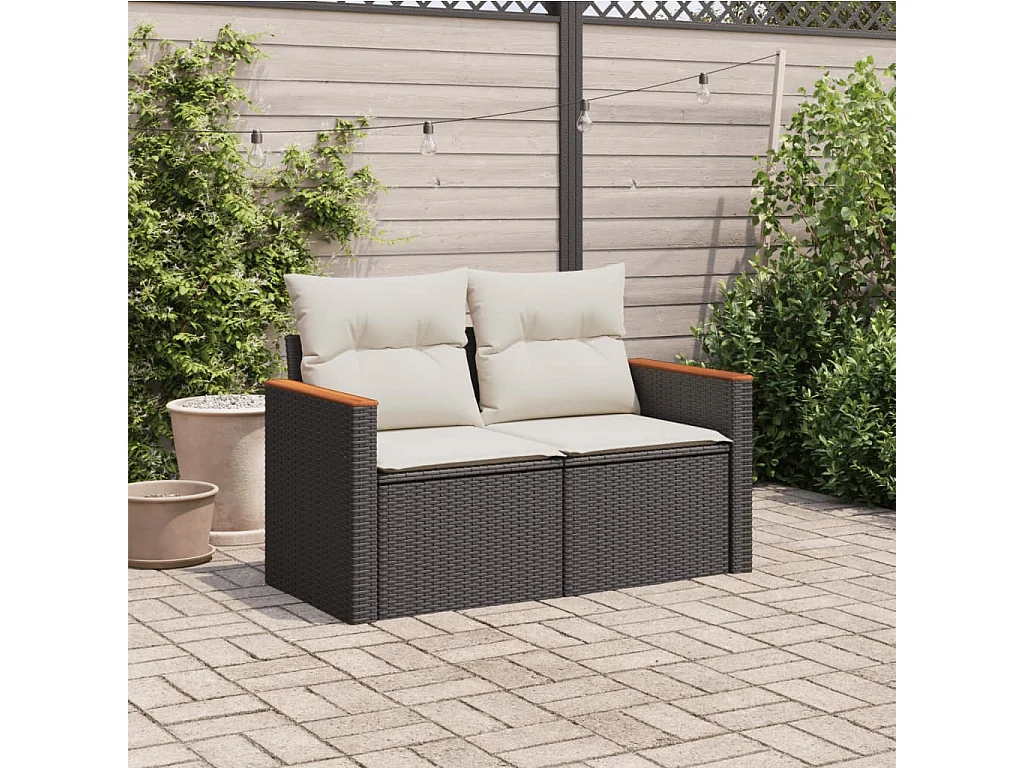 Tuinbank 2-zits met kussens poly rattan zwart BE809277