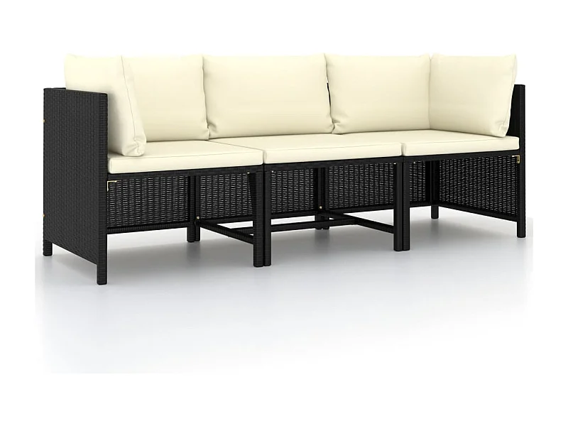 Sofá de jardim 3 lugares com almofadões vime PE preto PT639706
