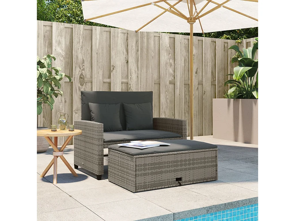 Canapé de jardin 2 places avec coussins gris résine tressée FR893934