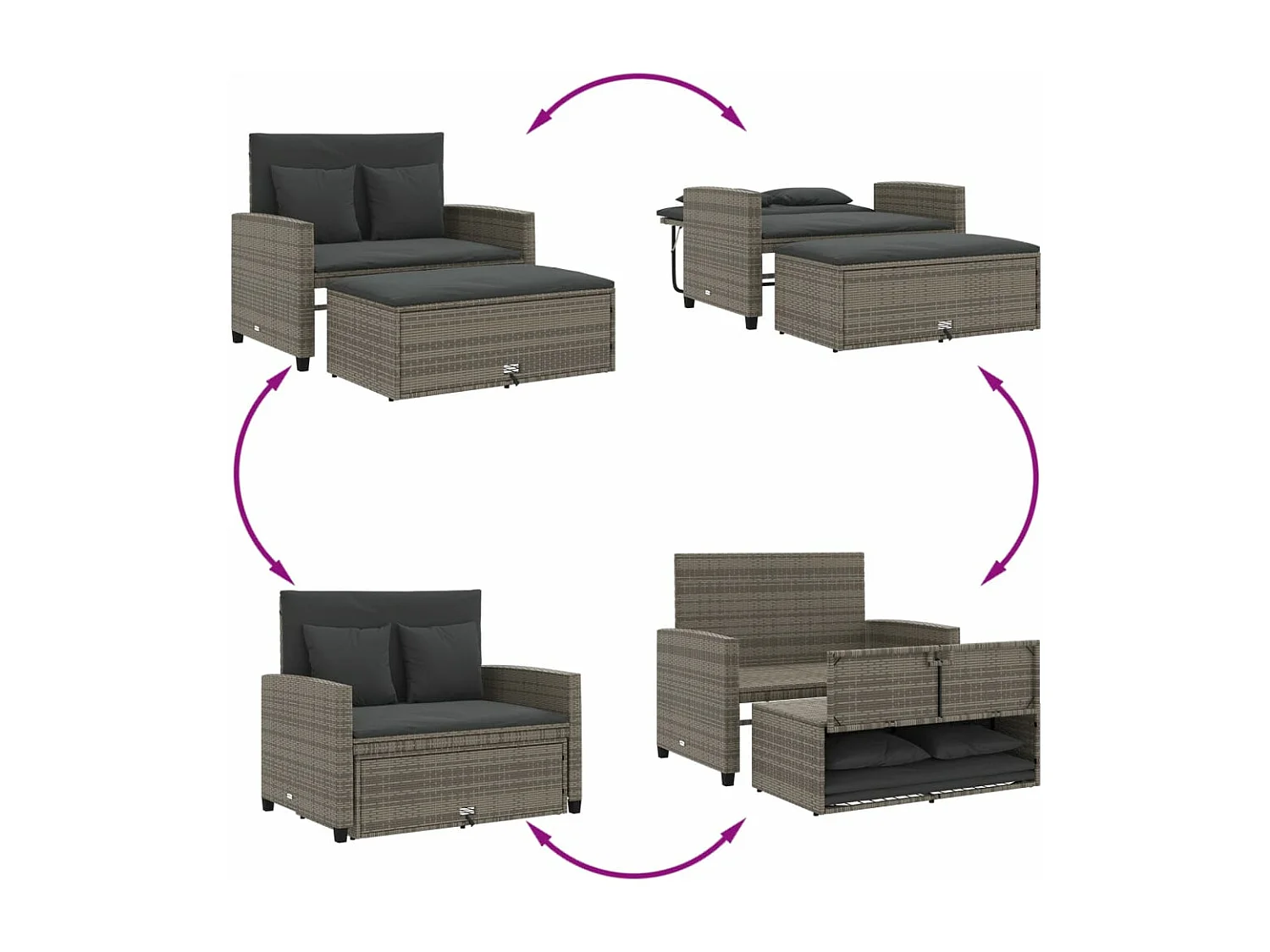 Canapé de jardin 2 places avec coussins gris résine tressée FR893934