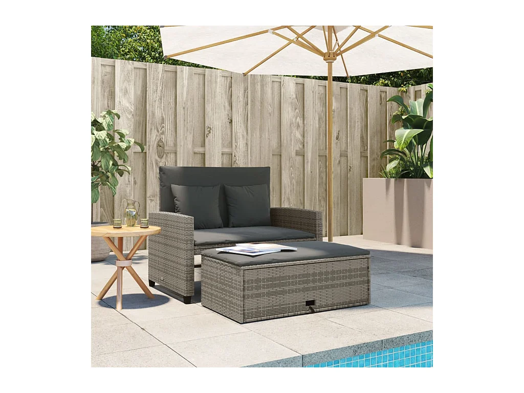 Canapé de jardin 2 places avec coussins gris résine tressée FR893934