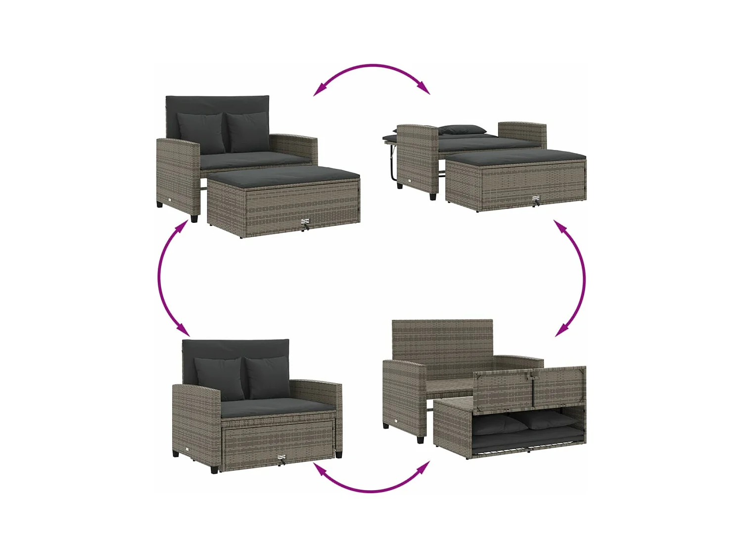 Tuinbank 2-zits met kussens poly rattan grijs BE944601