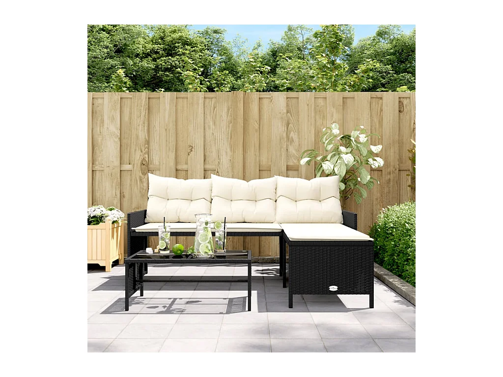 Canapé de jardin avec table et coussins en forme de L noir FR186978