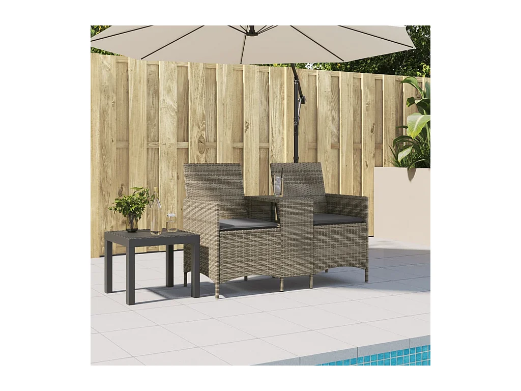 Tuinbank 2-zits met tafel en kussens poly rattan grijs BE524253