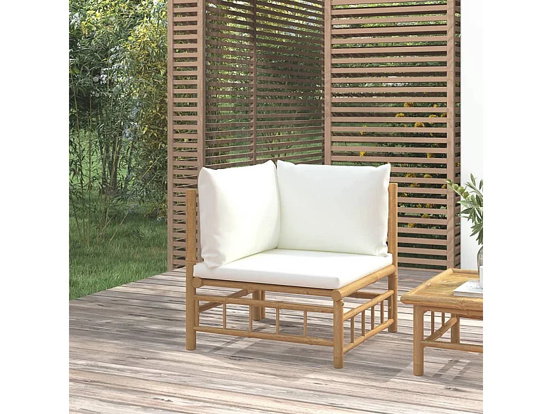 Sofá de canto de jardim bambu com almofadões branco nata PT812865