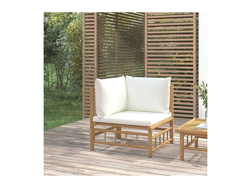 Canapé d'angle de jardin avec coussins blanc crème bambou FR92981