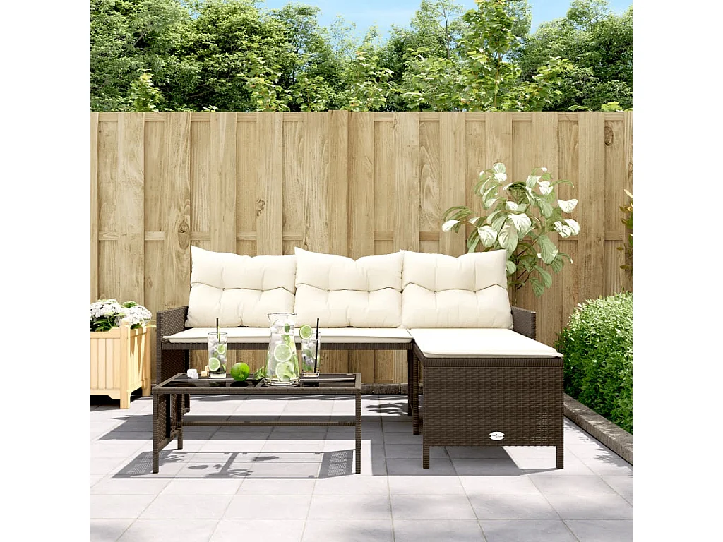 Tuinbank met tafel en kussens L-vormig poly rattan bruin BE994430