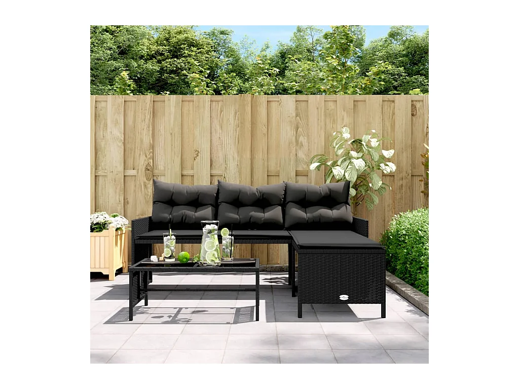 Canapé de jardin avec table et coussins en forme de L noir FR126549