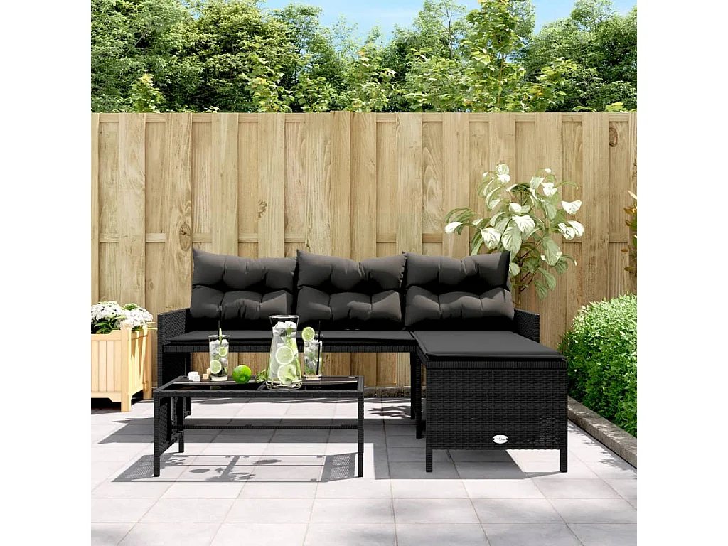 Canapé de jardin avec table et coussins en forme de L noir FR126549