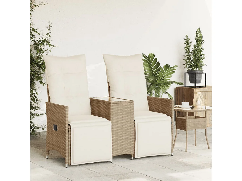 Sofá de jardim reclinável 2 lugares com mesa vime PE bege PT776724