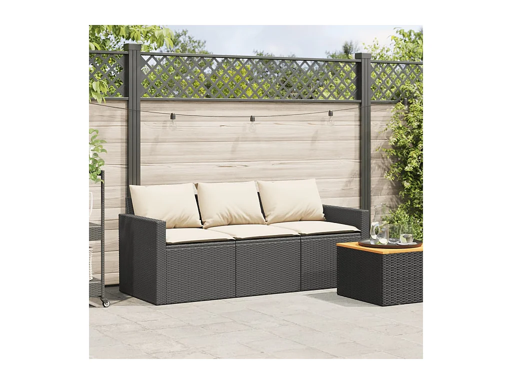 Canapé de jardin avec coussins 3 places noir résine tressée FR326006