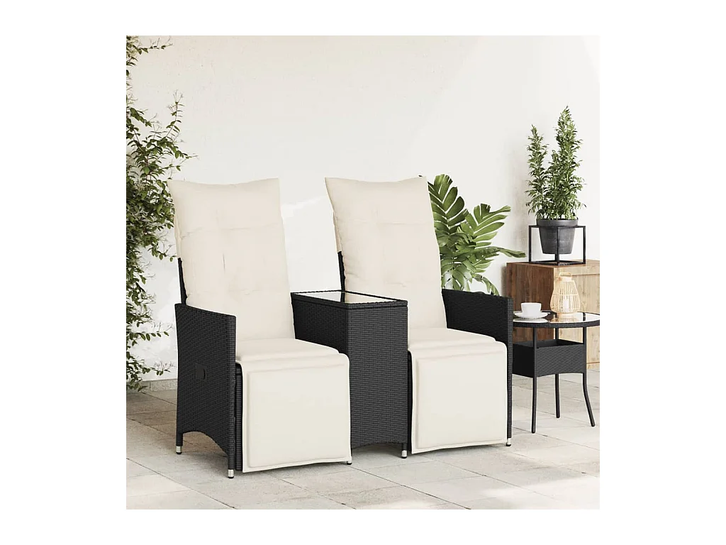 Canapé de jardin inclinable 2 places avec table noir poly rotin FR329805