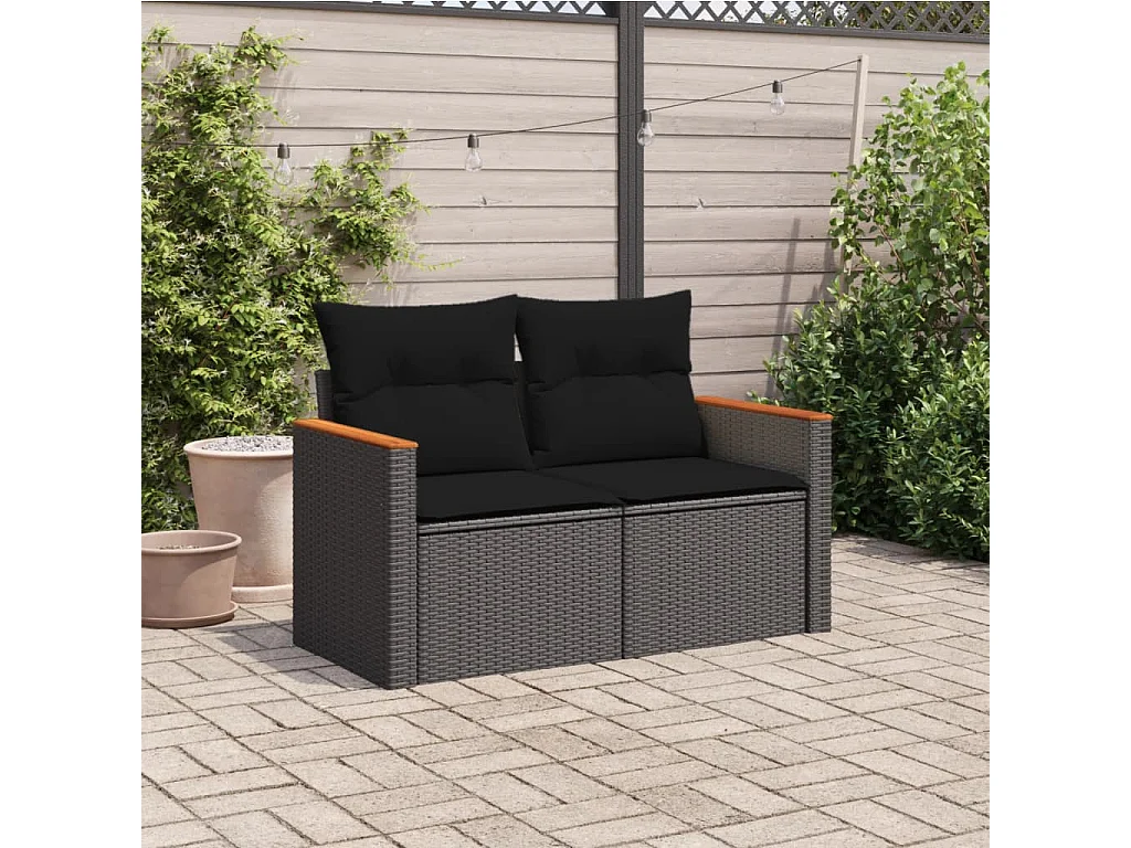 Canapé de jardin avec coussins 2 places noir résine tressée FR790760