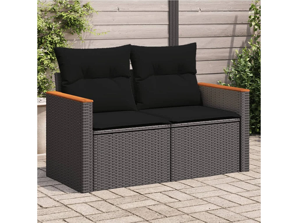 Canapé de jardin avec coussins 2 places noir résine tressée FR790760