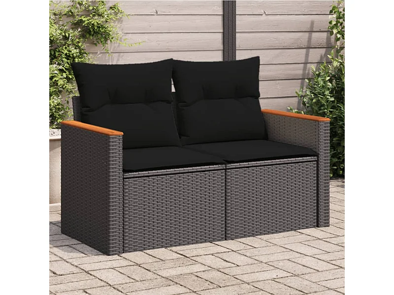 Canapé de jardin avec coussins 2 places noir résine tressée FR790760