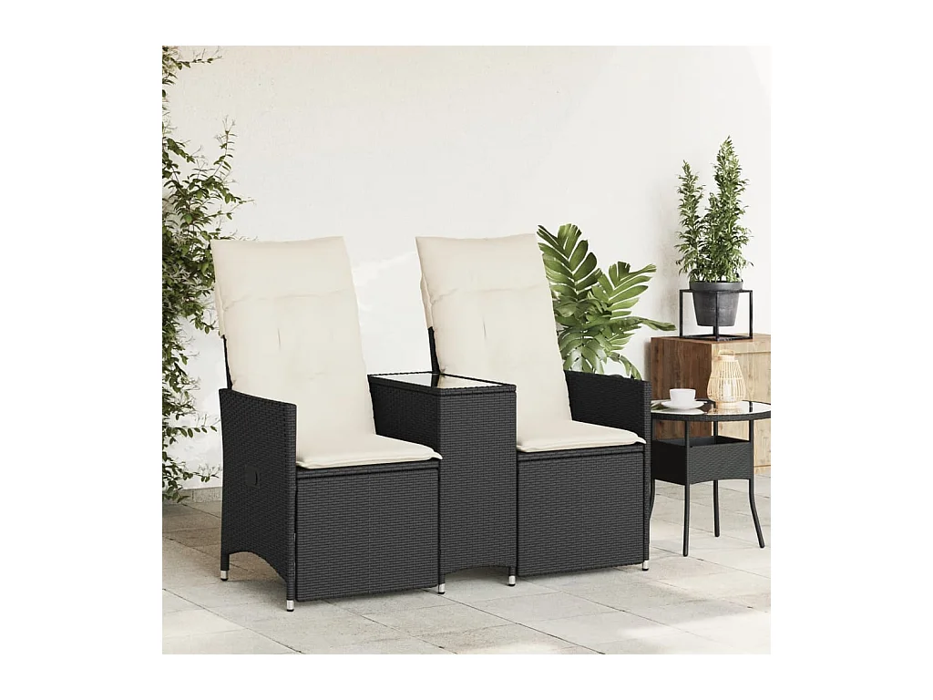 Canapé de jardin inclinable 2 places avec table noir poly rotin FR993905