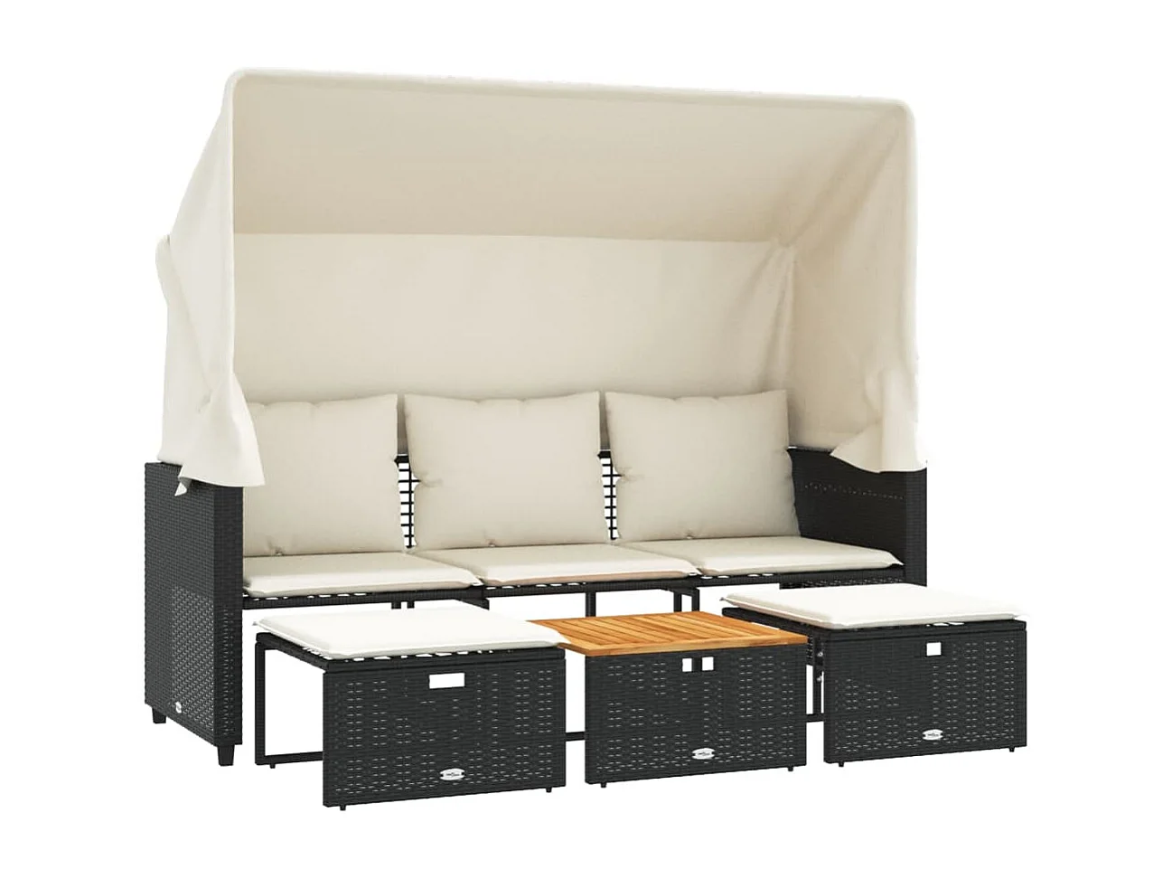 Tuinbank 3-zits met luifel en voetenbanken poly rattan zwart BE104650