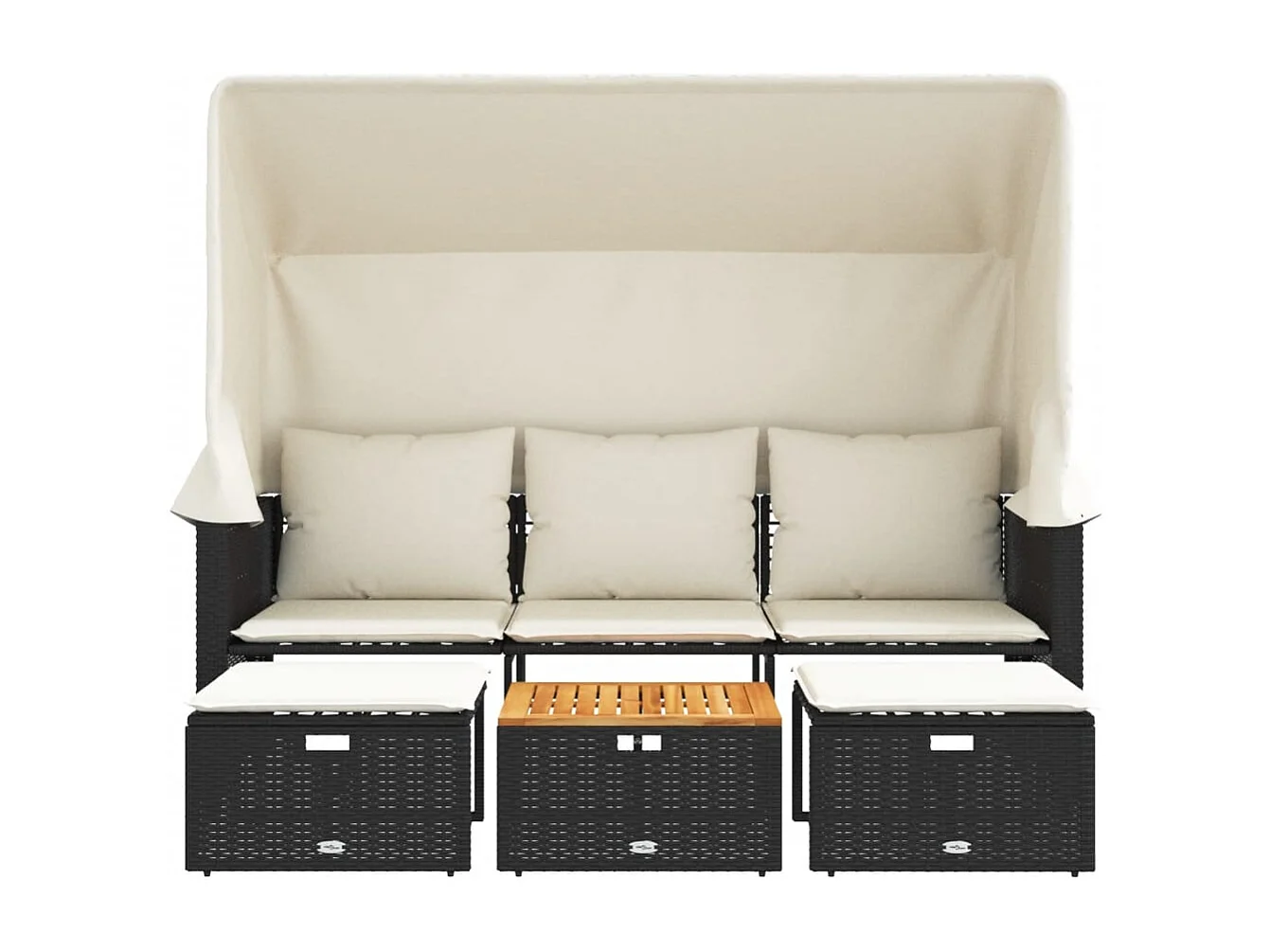 Tuinbank 3-zits met luifel en voetenbanken poly rattan zwart BE104650