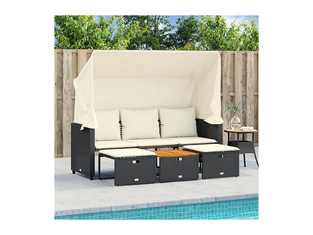 Canapé de jardin 3 places avec auvent et tabourets noir rotin FR415385