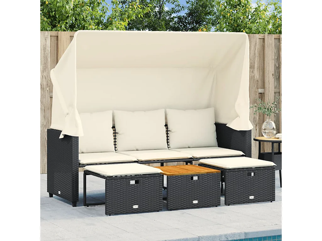 Canapé de jardin 3 places avec auvent et tabourets noir rotin FR415385