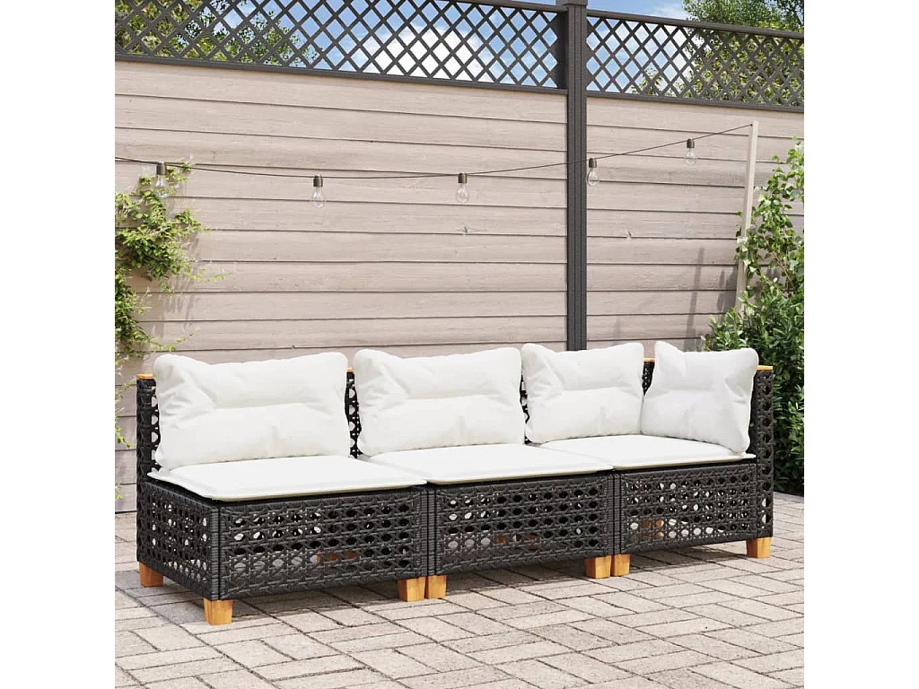 Tuinbank 3-zits met kussens poly rattan zwart BE934789