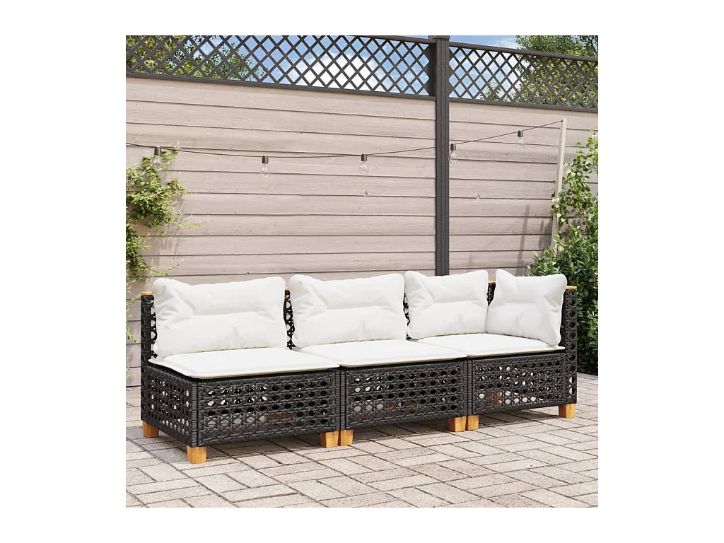 Canapé de jardin avec coussins 3 places noir résine tressée FR382276