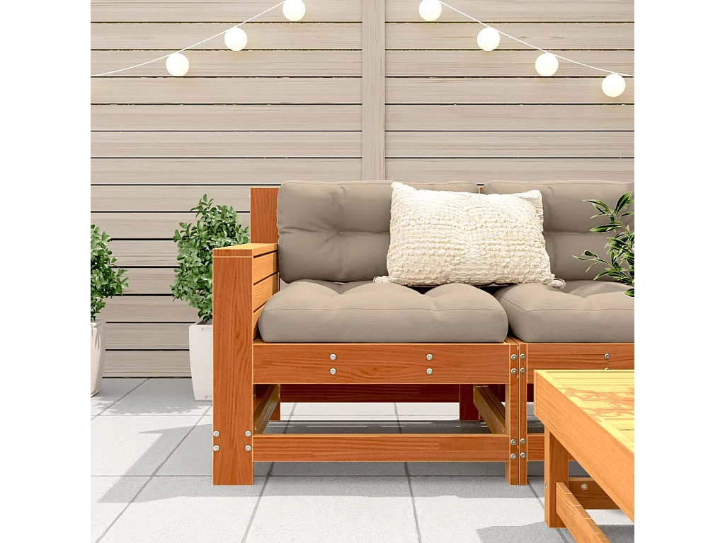 Tuinbank met armleuning en kussen massief grenenhout wasbruin BE687476