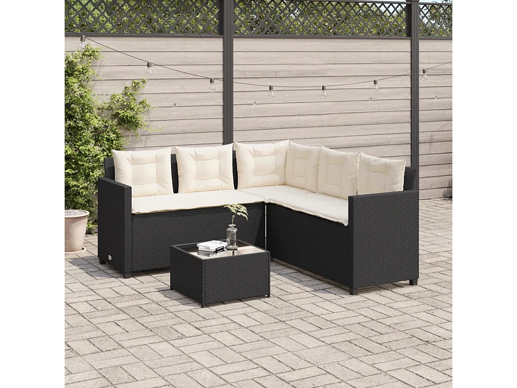 Canapé de jardin avec table et coussins en forme de L noir FR72785