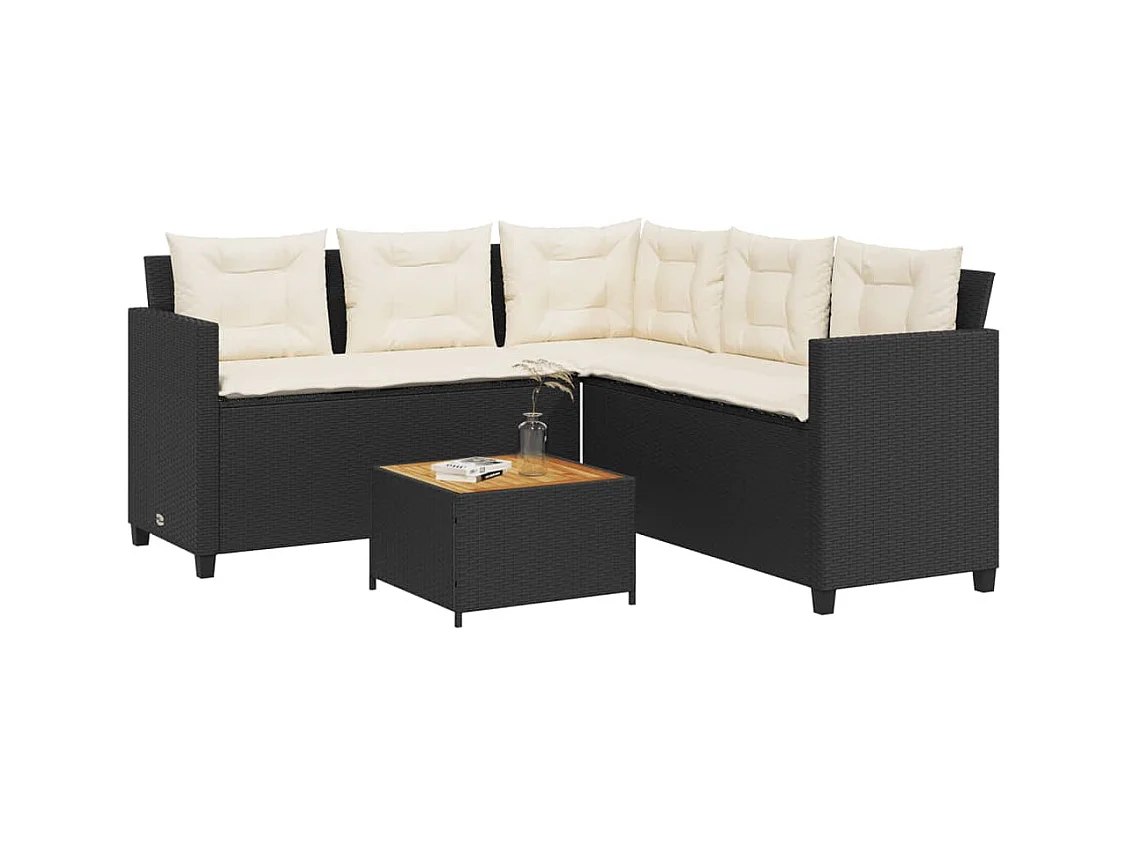 Canapé de jardin avec table et coussins en forme de L noir FR84634