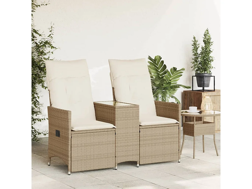 Sofá de jardim reclinável 2 lugares com mesa vime PE bege PT268429