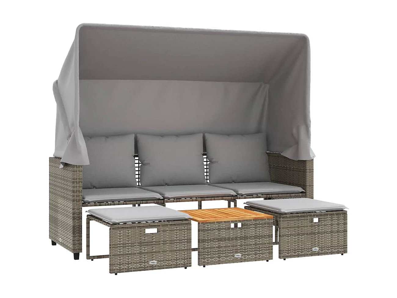 Tuinbank 3-zits met luifel en voetenbanken poly rattan grijs BE163728