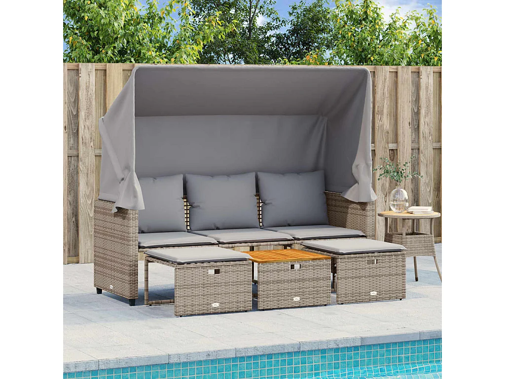 Canapé de jardin 3 places avec auvent et tabourets gris rotin FR524932
