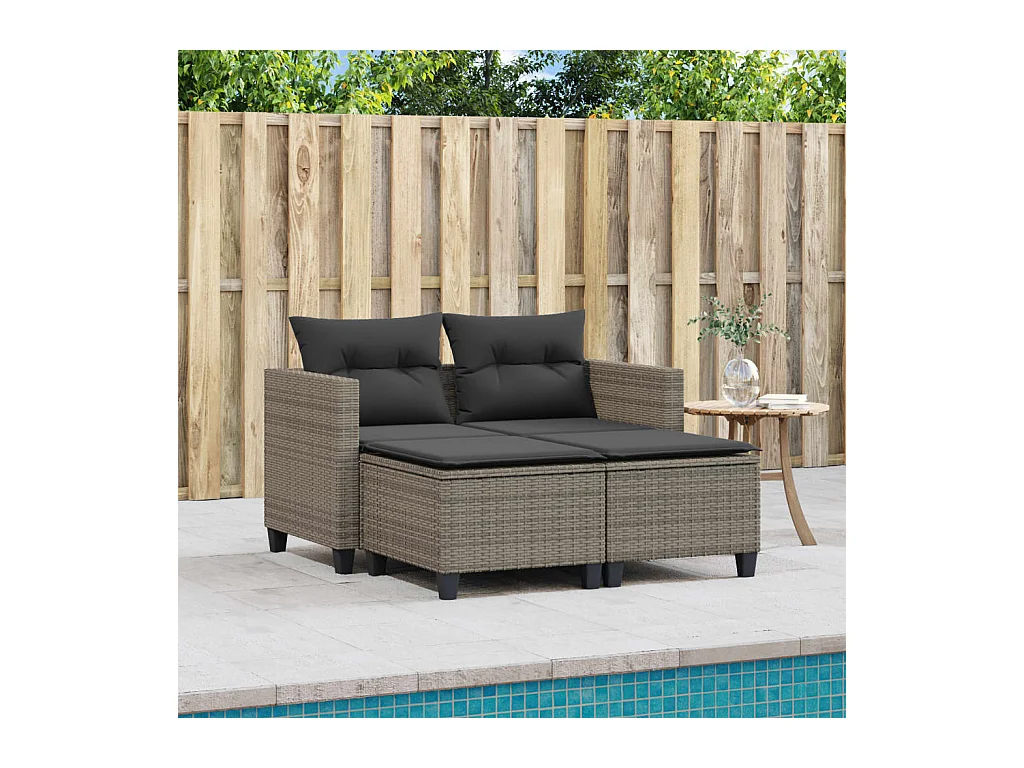 Canapé de jardin 2 places avec tabourets gris résine tressée FR795174