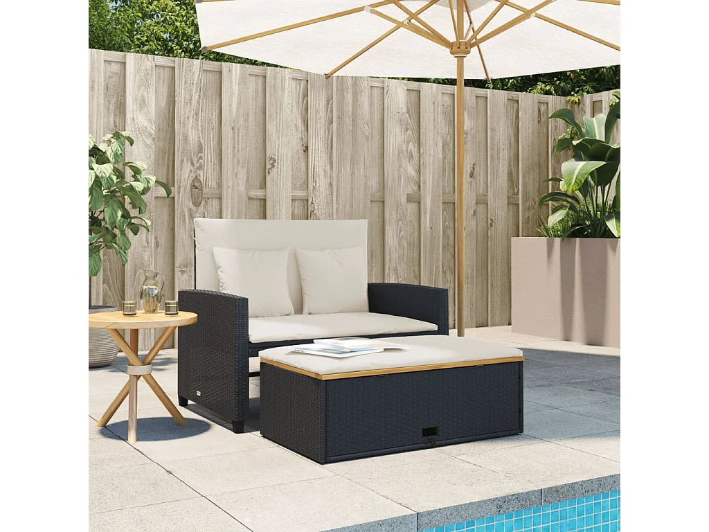 Canapé de jardin 2 places coussins noir résine tressée&acacia FR255229