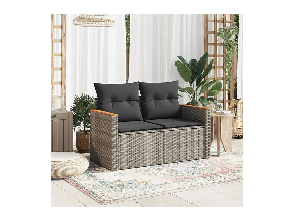 Canapé de jardin 2 places avec coussins gris résine tressée FR673146