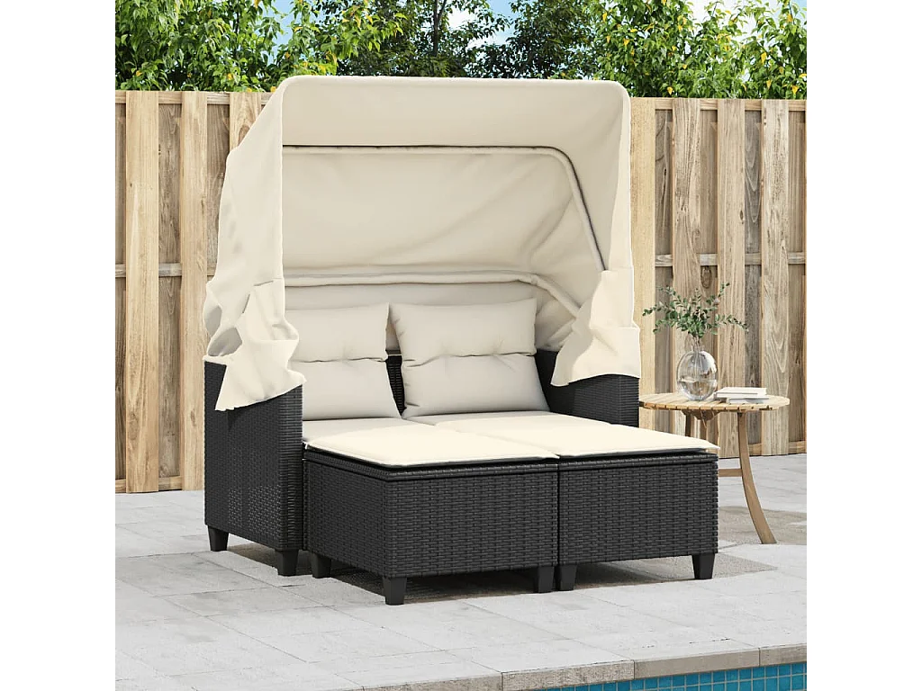 Canapé de jardin 2 places avec auvent et tabourets noir rotin FR974421