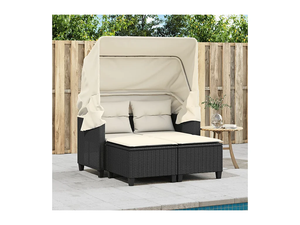Canapé de jardin 2 places avec auvent et tabourets noir rotin FR974421