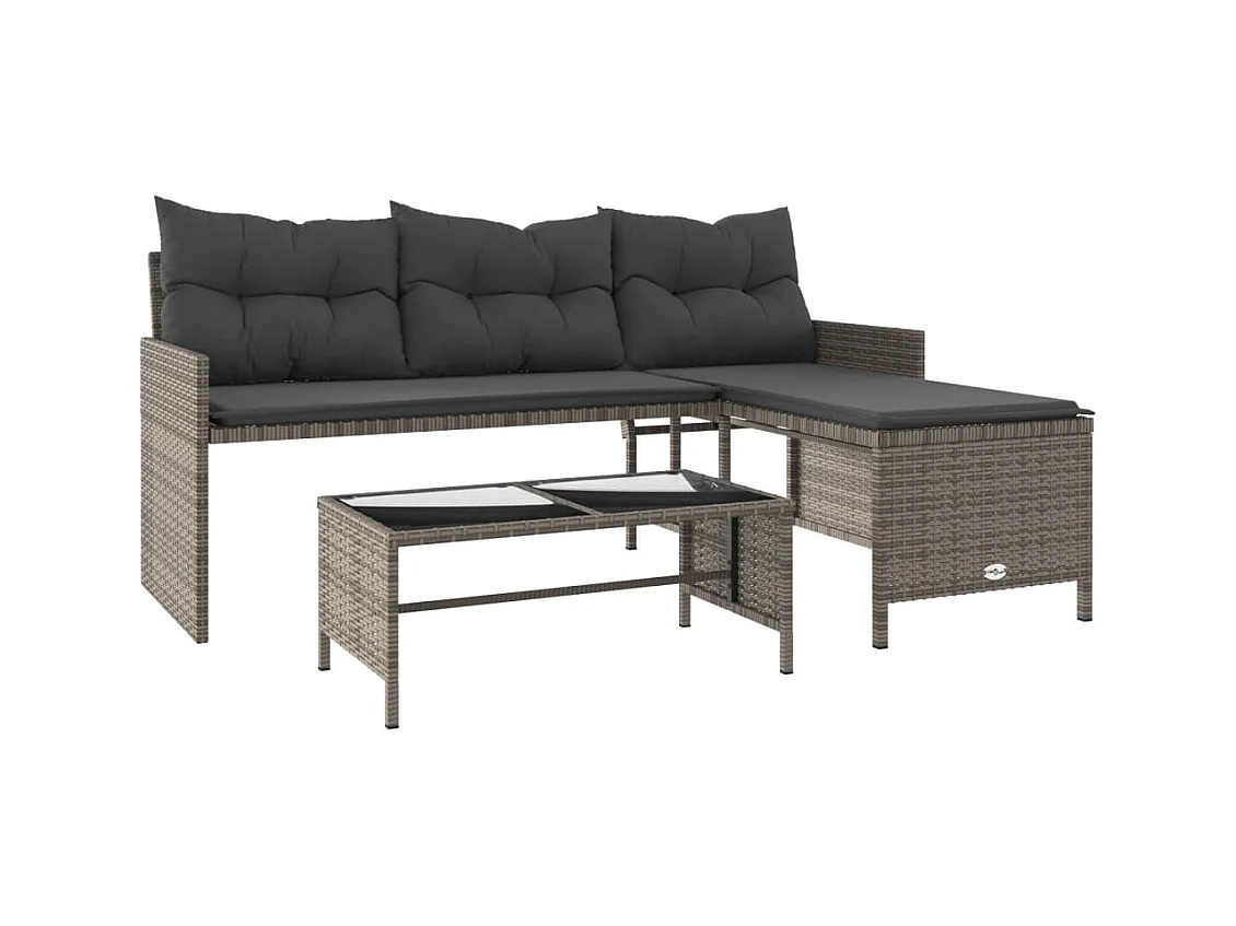 Tuinbank met tafel en kussens L-vormig poly rattan grijs BE269111
