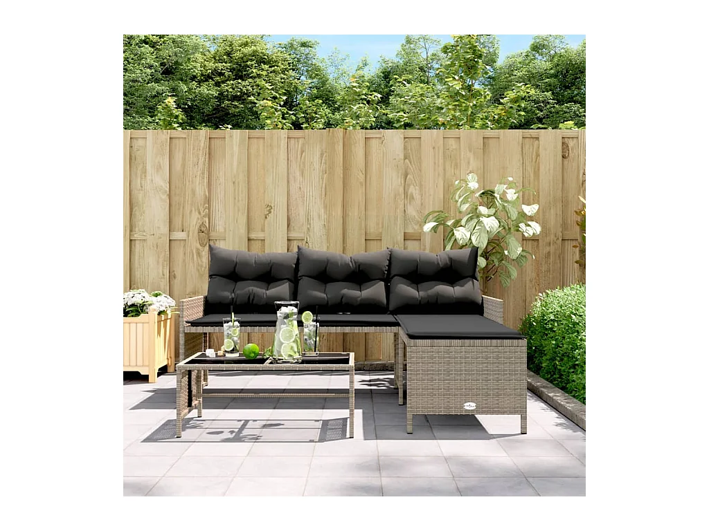 Tuinbank met tafel en kussens L-vormig poly rattan grijs BE269111