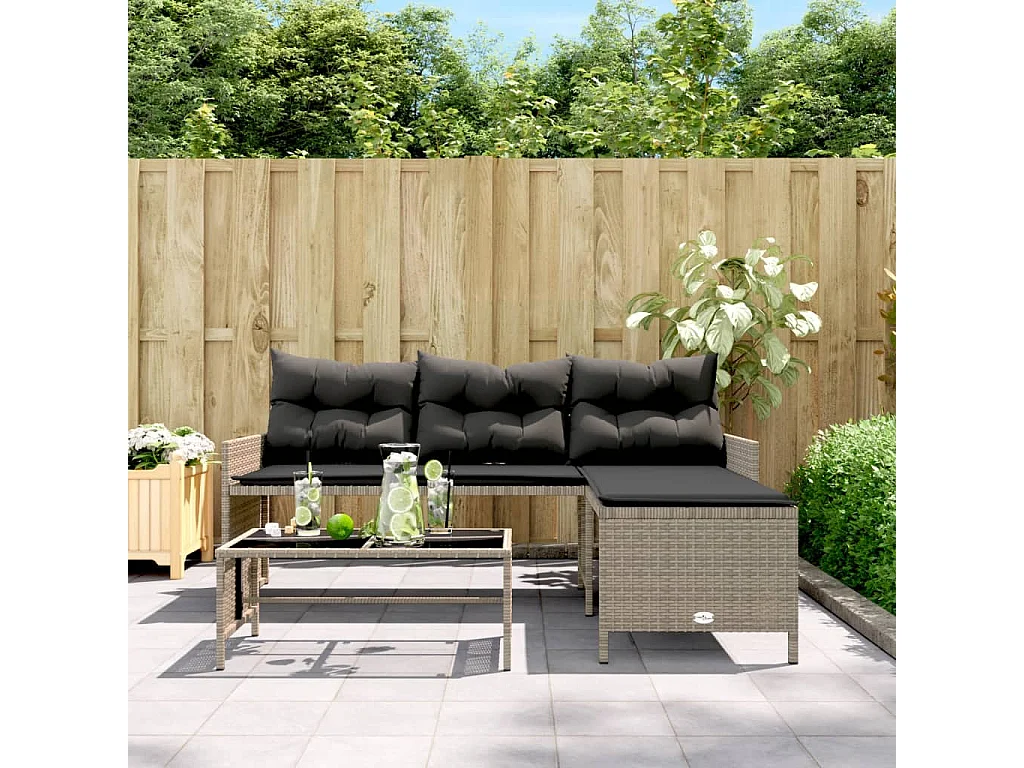 Canapé de jardin avec table et coussins en forme de L gris FR397153