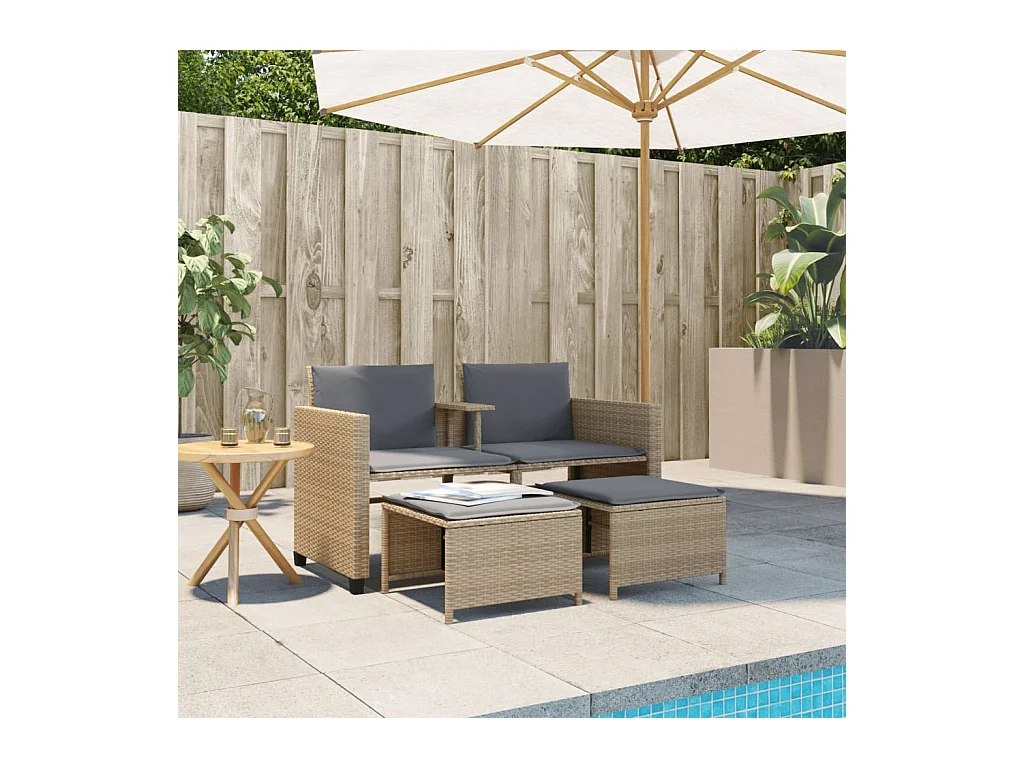Canapé de jardin 2 places avec table et tabourets beige rotin FR24491