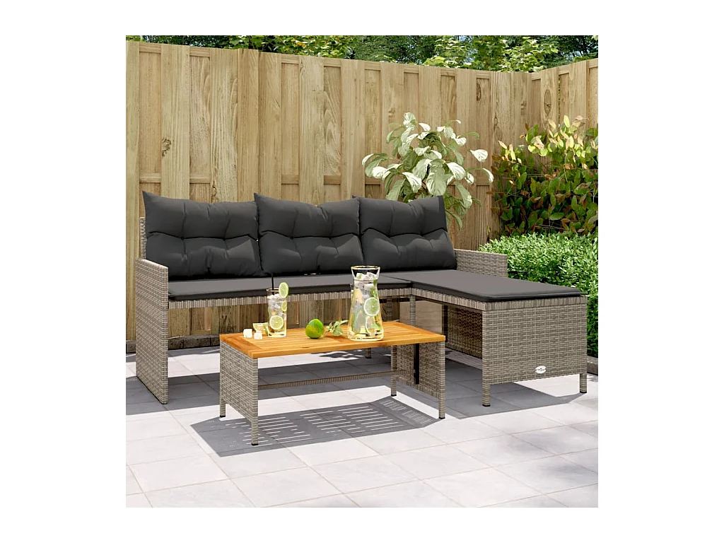 Tuinbank met tafel en kussens L-vormig poly rattan grijs BE135881