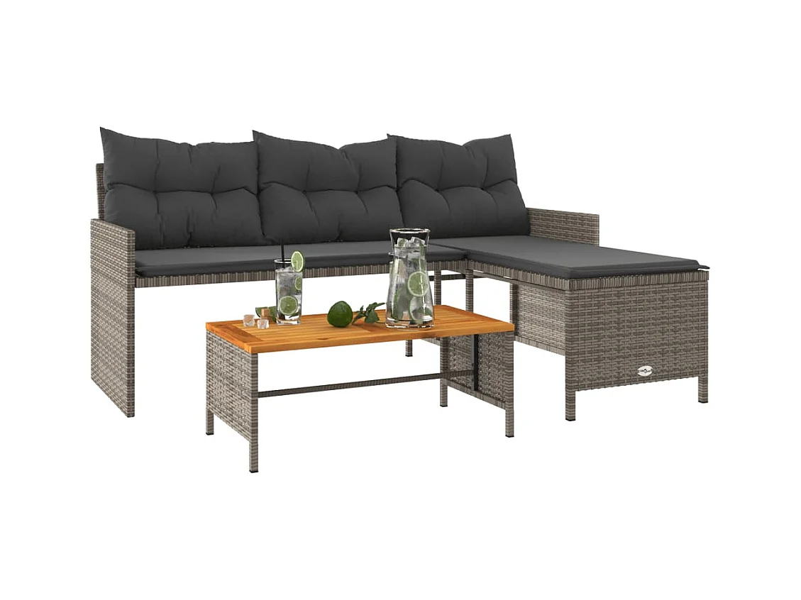 Tuinbank met tafel en kussens L-vormig poly rattan grijs BE135881
