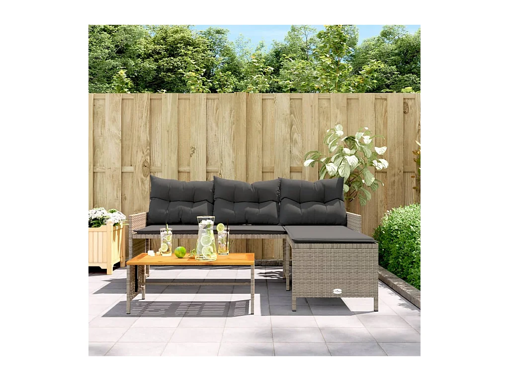Canapé de jardin avec table et coussins en forme de L gris FR550847
